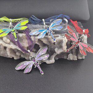 Colorful Dragonfly Enamel Pendants on Organza Ribbon – (Set of 4)